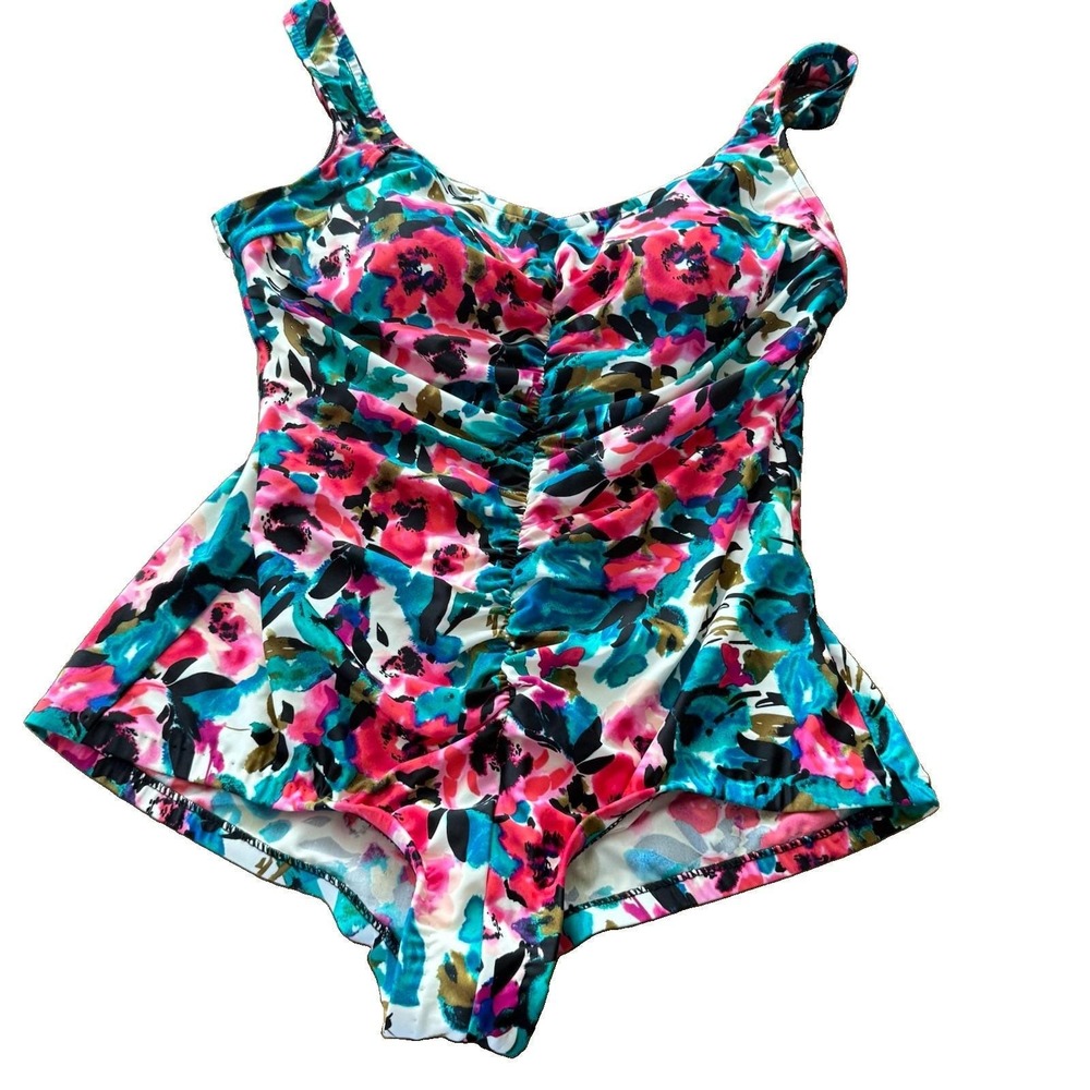 Maxine Hollywood One Piece Swimsuit 18W Floral Ruched Front Tummy Control